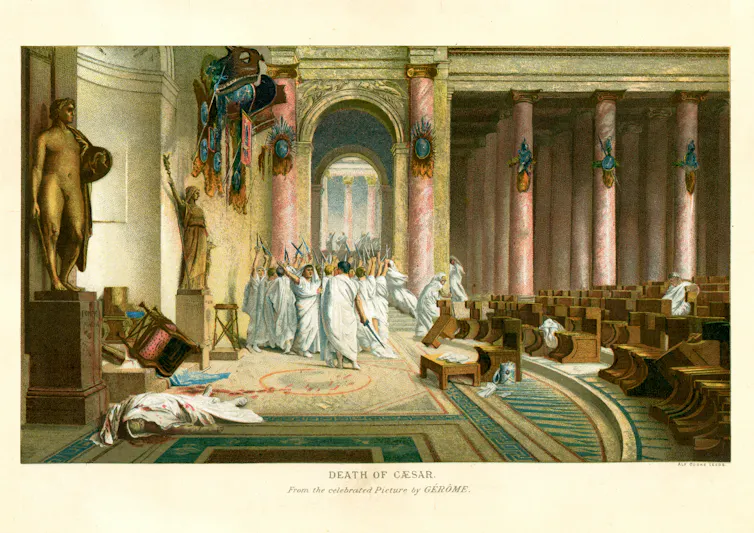 Vintage lithograph after Gerome, showing the death of Julius Caesar on the Ides of March 44BC, in the ancient Roman Senate.