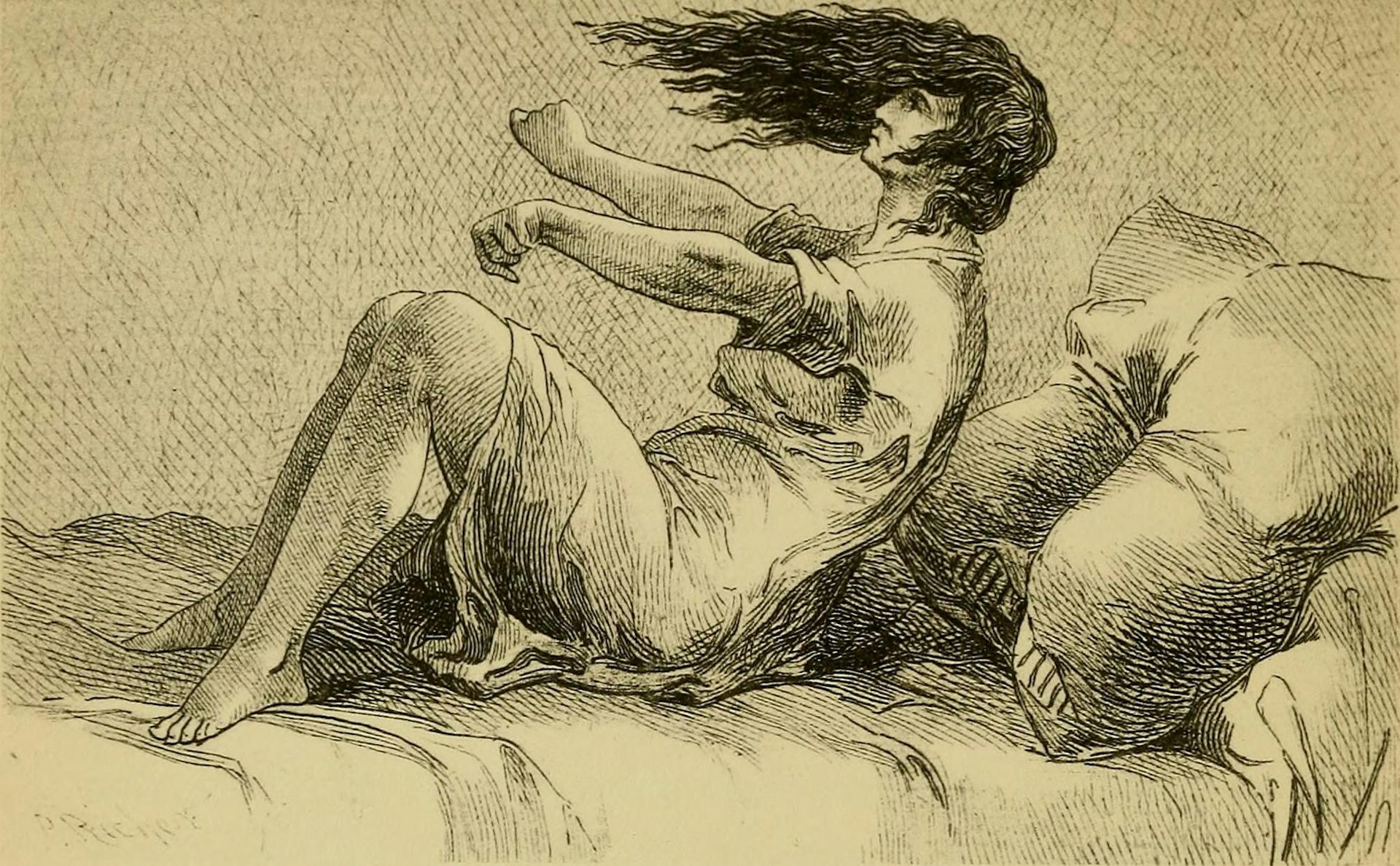 A drawing of a woman suffering from'hysteria' in the book Hysteria and Certain Allied Conditions (1897)