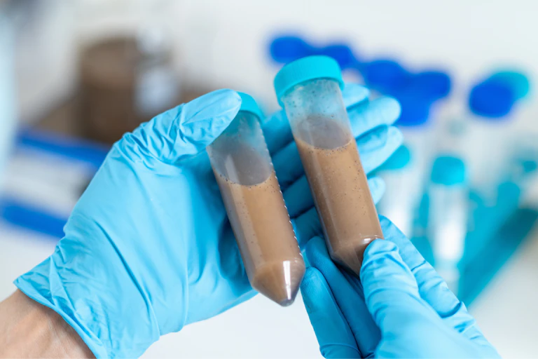 Scientist holds tubes with faecal transplant liquid.