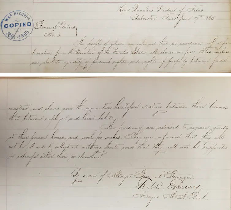 An antique, official document that announces the freeing of the enslaved in Texas.