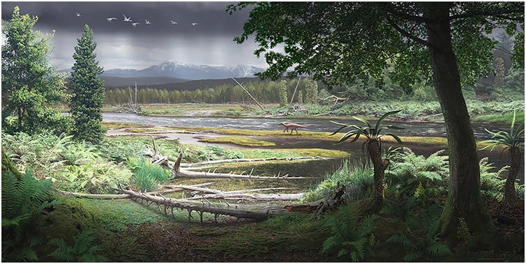 An artwork depicting a dinosaur walking through a fern-filled forest.
