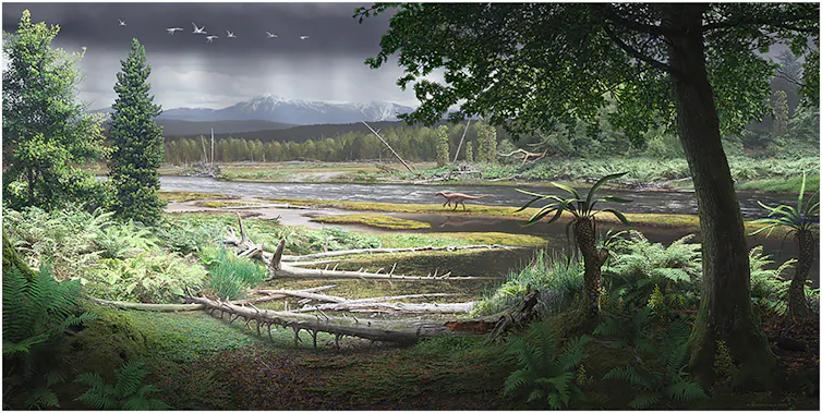 An artwork depicting a dinosaur walking through a fern-filled forest.