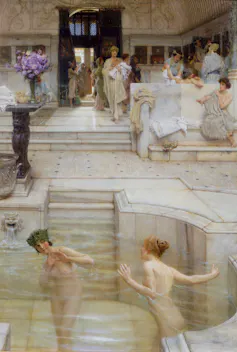 A painting shows women in the baths at Pompeii.