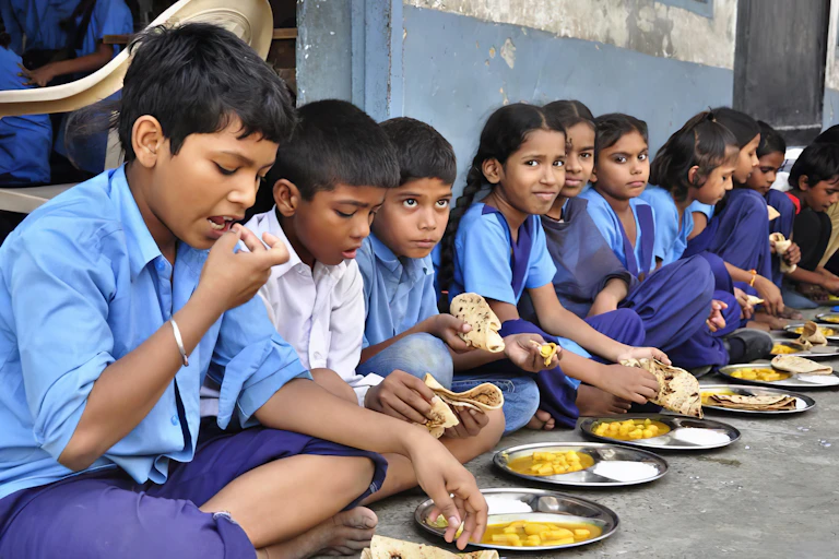 Children sat on the ground eating lunch
