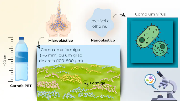 Comparação de escalas: garrafa PET, microplásticos próximos a uma formiga e representação de nanoplásticos com apoio de um microscópio e um vírus.