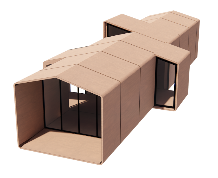 A computer graphic showing a prototype of a small, concrete home.