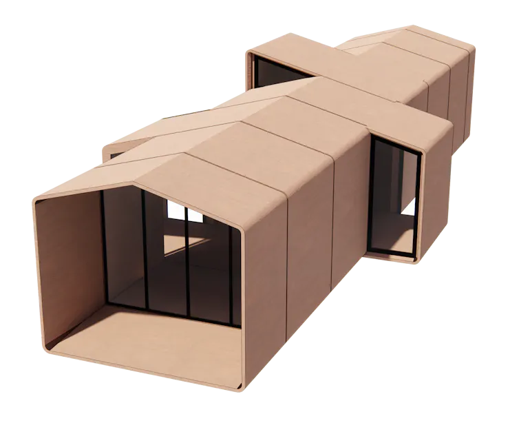 A computer graphic showing a prototype of a small, concrete home.