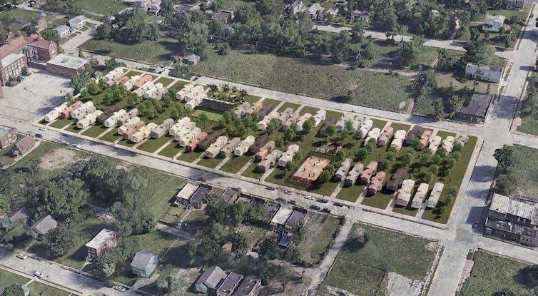 A bird's-eye view of a computer-generated neighborhood featuring plots of land with multiple concrete homes located on them.