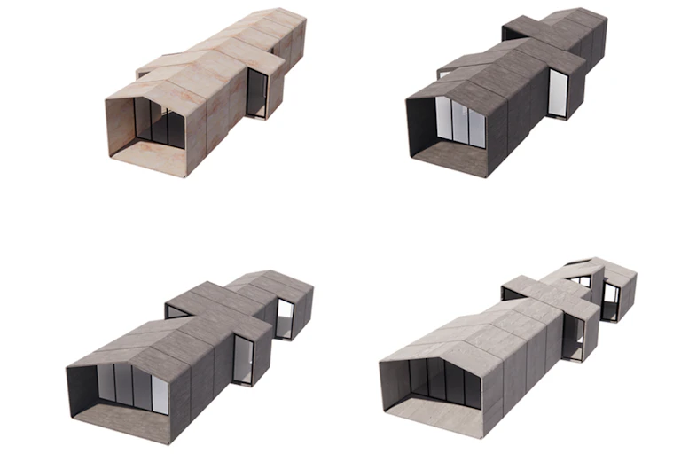 Eight computer-generated, concrete home prototypes.