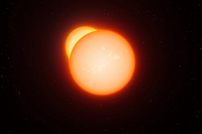 An illustration of a star, with another, smaller star, partially obscured behind it.