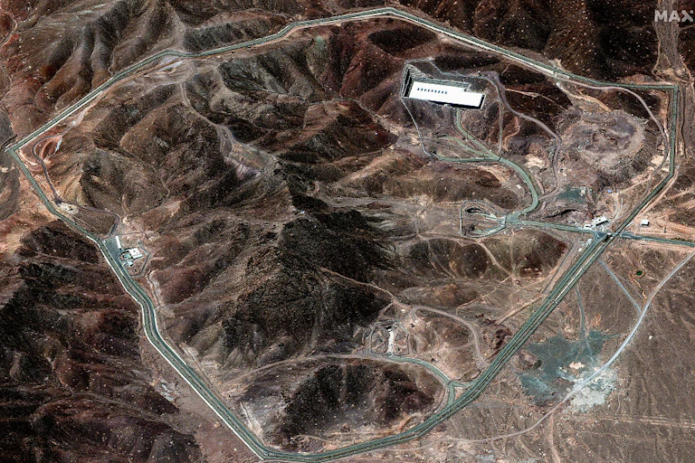 Maxar satellite imagery overview of the Fordow enrichment facility located approximately 60 miles southwest of Tehran.