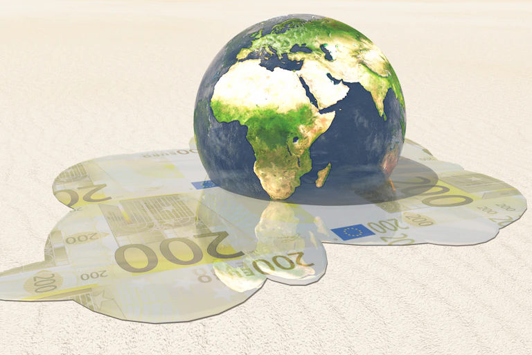 Illustration of a globe in a puddle which looks like a banknote