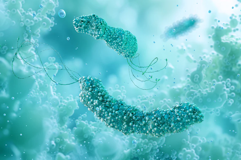 A digital drawing of two _H pylori_ bacteria.