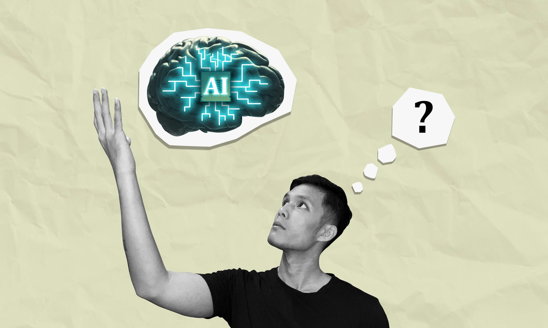 Joven intrigado mira la representación de la IA como un cerebro 