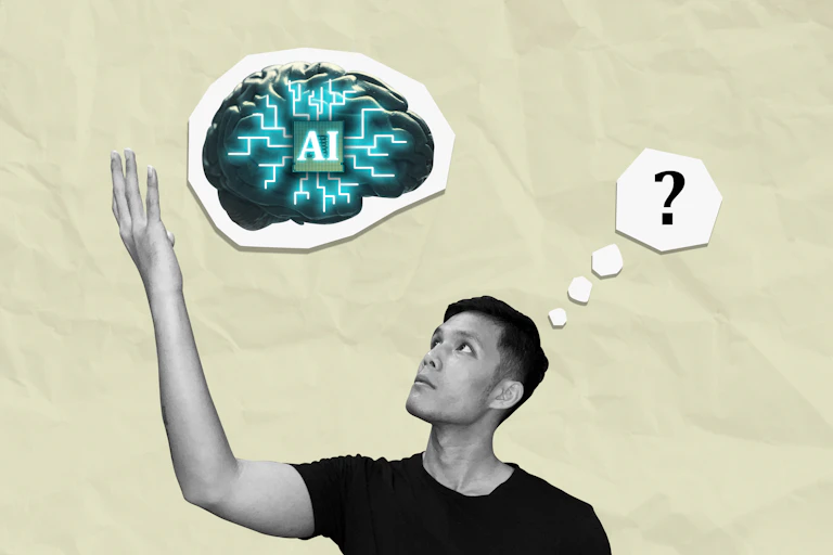 Joven intrigado mira la representación de la IA como un cerebro