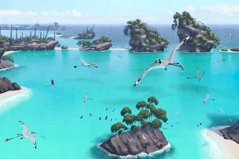 An artist's impression of Pterosaurs flying over an ancient lagoon.