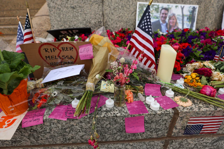 A bunch of flowers and American flags are bunched together, with a candle and a photo of a middle-aged woman and man, posing and smiling.
