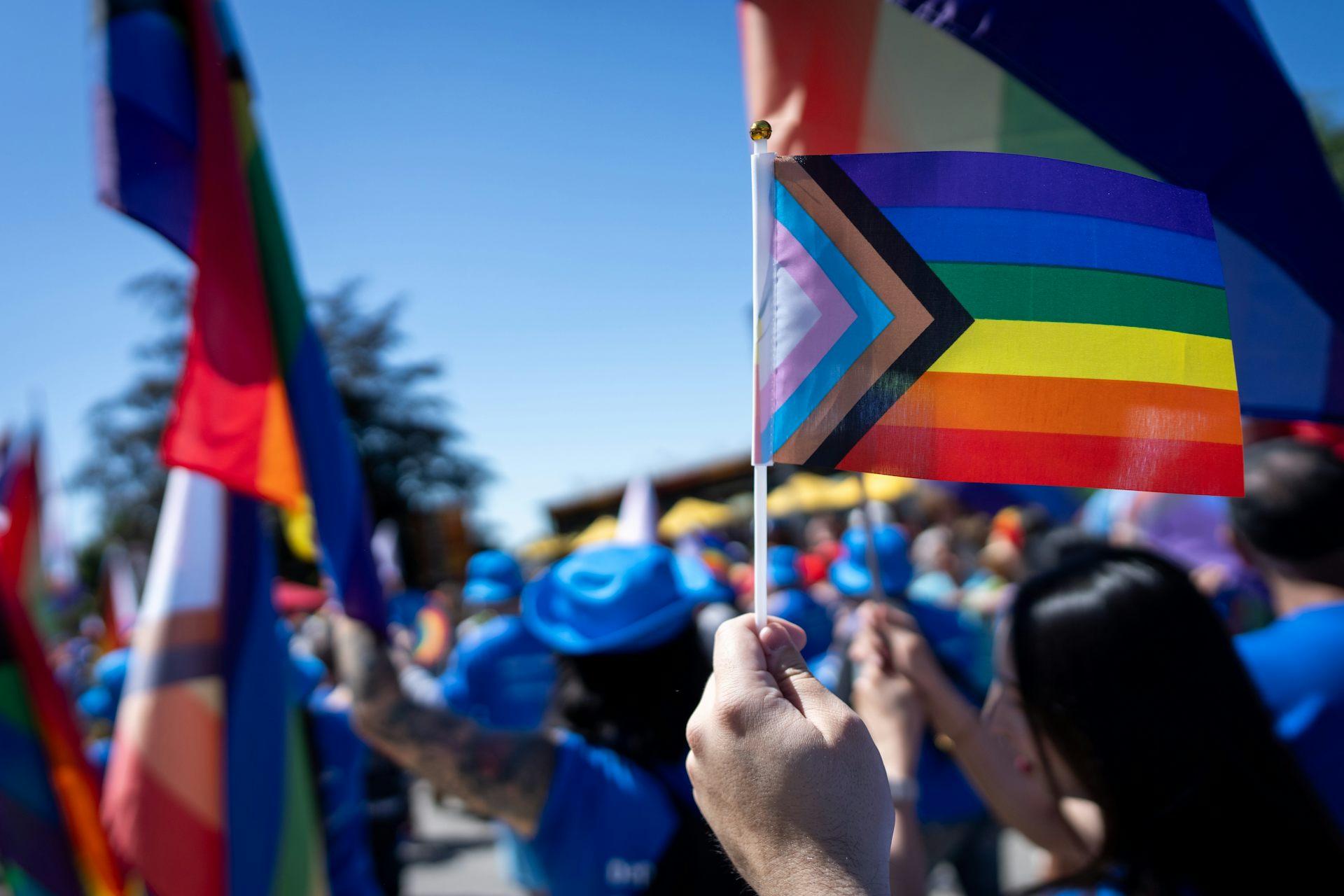 Close up of a hand holding a small Progress Pride flag in frotn of a crowd of people also holding Pride flags