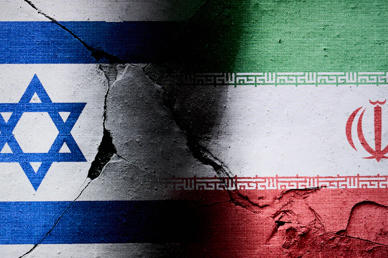 An illustration shows the flags of Israel and Iran