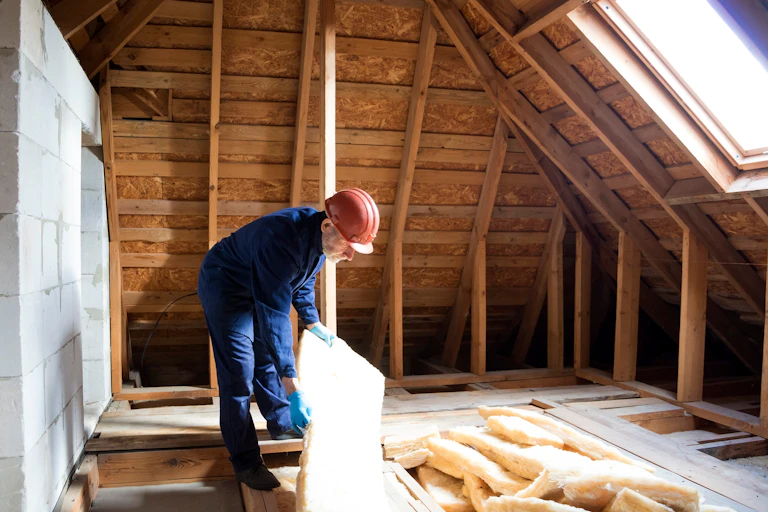 A worker lays down insulation in the attic of a house.