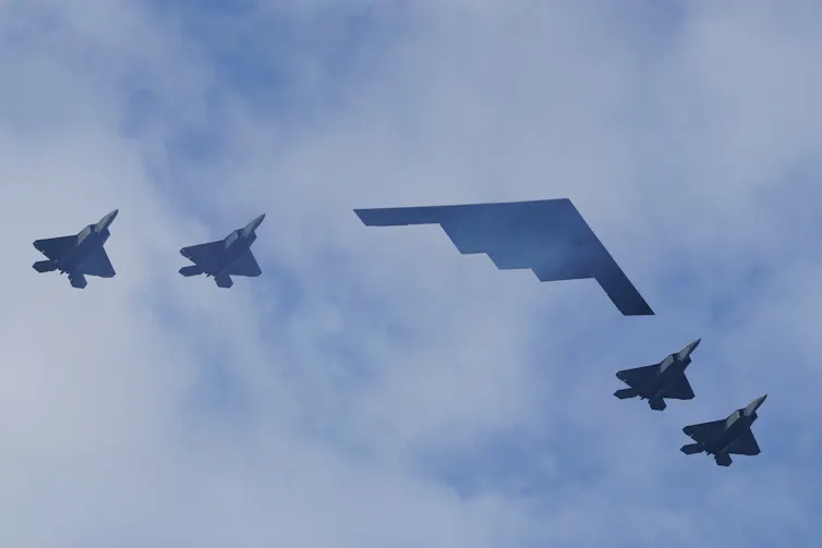The B-2 bomber flying over New York during Independence Day celebrations.