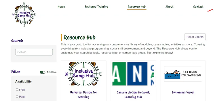 A screen shot of the inclusive camp hub resource page. A search menu is on the left. Links to resources are in the middle