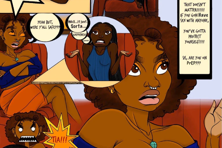A page of a comic book that shows two Black women having a conversation about sex