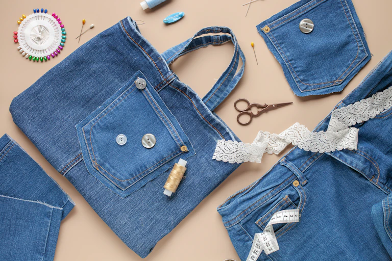 A handbag made of blue denim, with what appears to be the pocket from a pair of jeans sewn onto it, is on a surface with other pieces of denim, a lace-like material, and scissors and thread.