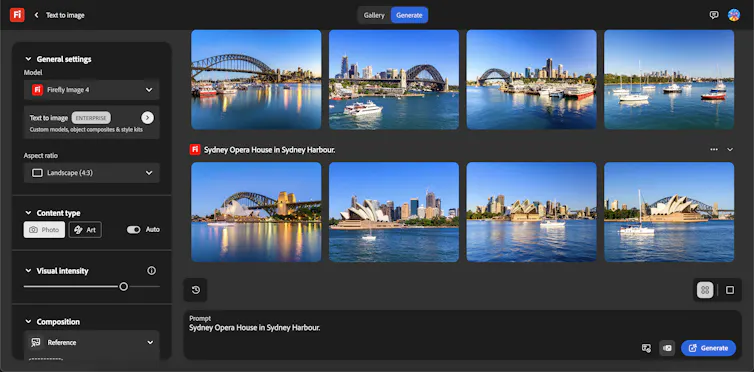 The user interface of Adobe Firefly shows eight photorealistic images, generated by AI, seemingly depicting the Sydney Opera House in Sydney Harbour.