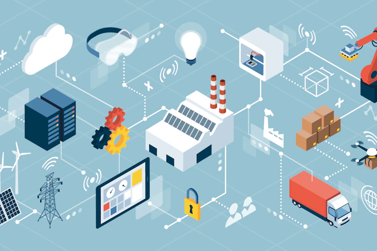 Dibujo con varias representaciones de industrias y servicios interconectados