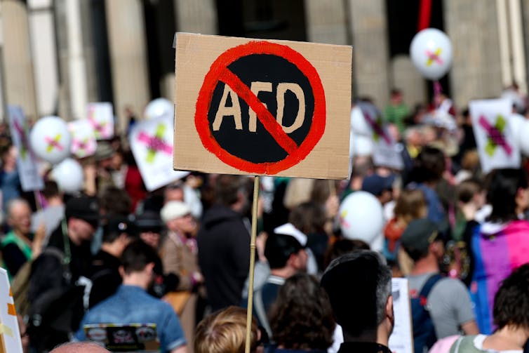 A 'ban AfD' placard is held up during a large protest.