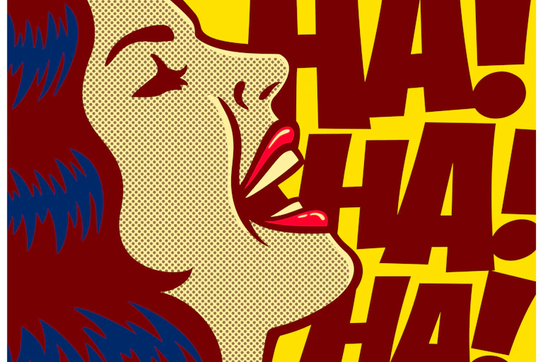 Viñeta de cómic con una mujer riendo y la onomatopeya de la risa ("Ha, ha, ha")