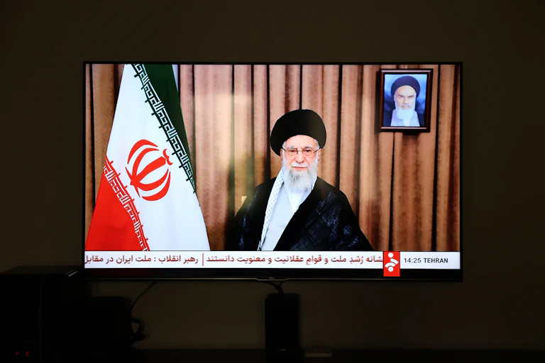 Iran's supreme leader, Ayatollah Ali Khamenei, delivering a televised address.