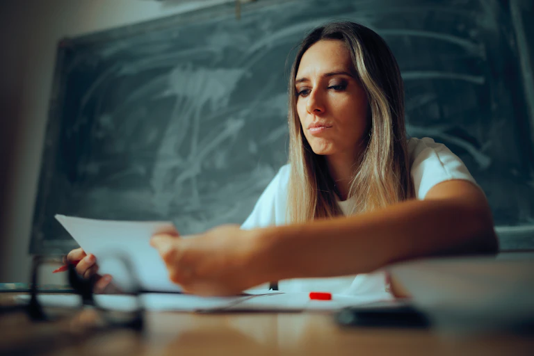 Una profesora examina un examen