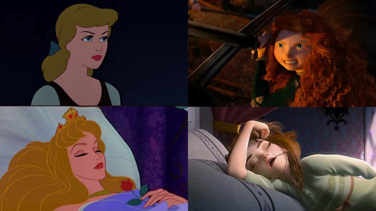 Fotogramas de las películas Cenicienta (1950), Brave (2012), La Bella durmiente (1959) y Frozen (2013)