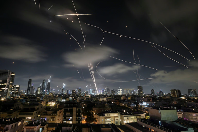 Israel's so-called Iron Dome air defence system intercepting missiles during an Iranian attack on Tel Aviv.