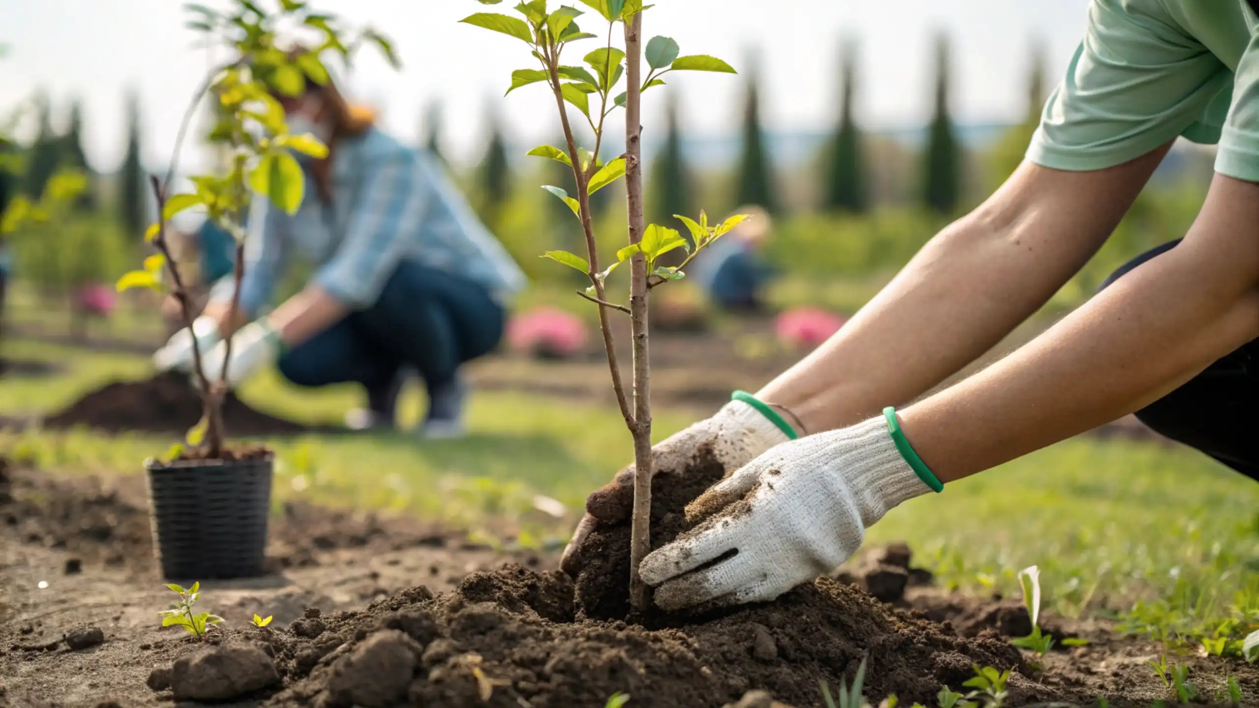 Des personnes accroupies plantent des jeunes arbres dans le sol.