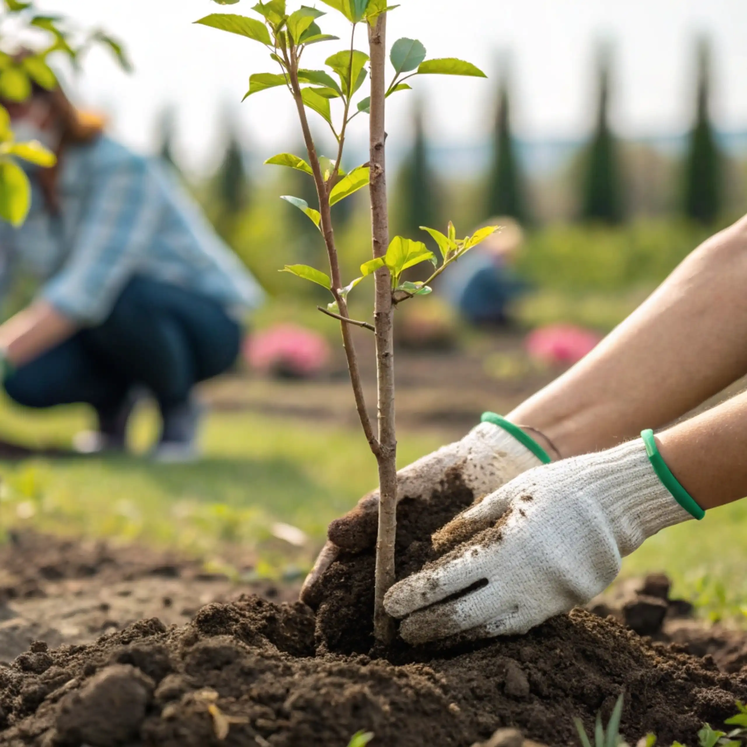 Des personnes accroupies plantent des jeunes arbres dans le sol.