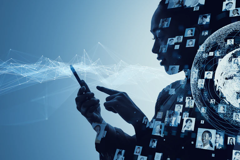 Graphic illustration of social media user and contacts.