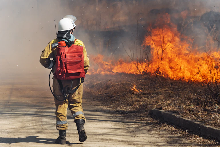 A firefighter walks alongside a blaze.
