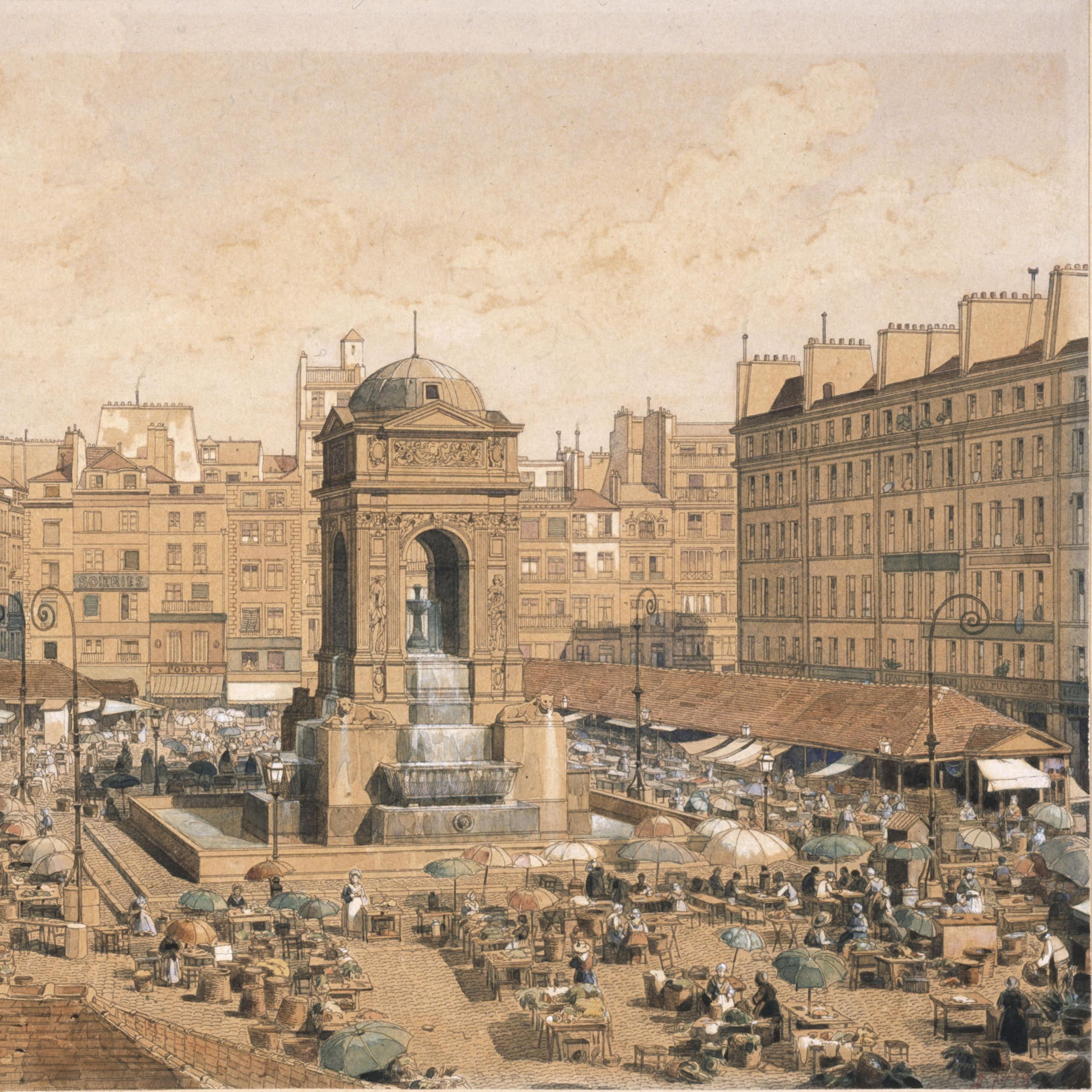 gravure représentant le marché de la Fontaine des innocents, à Paris, en 1855
