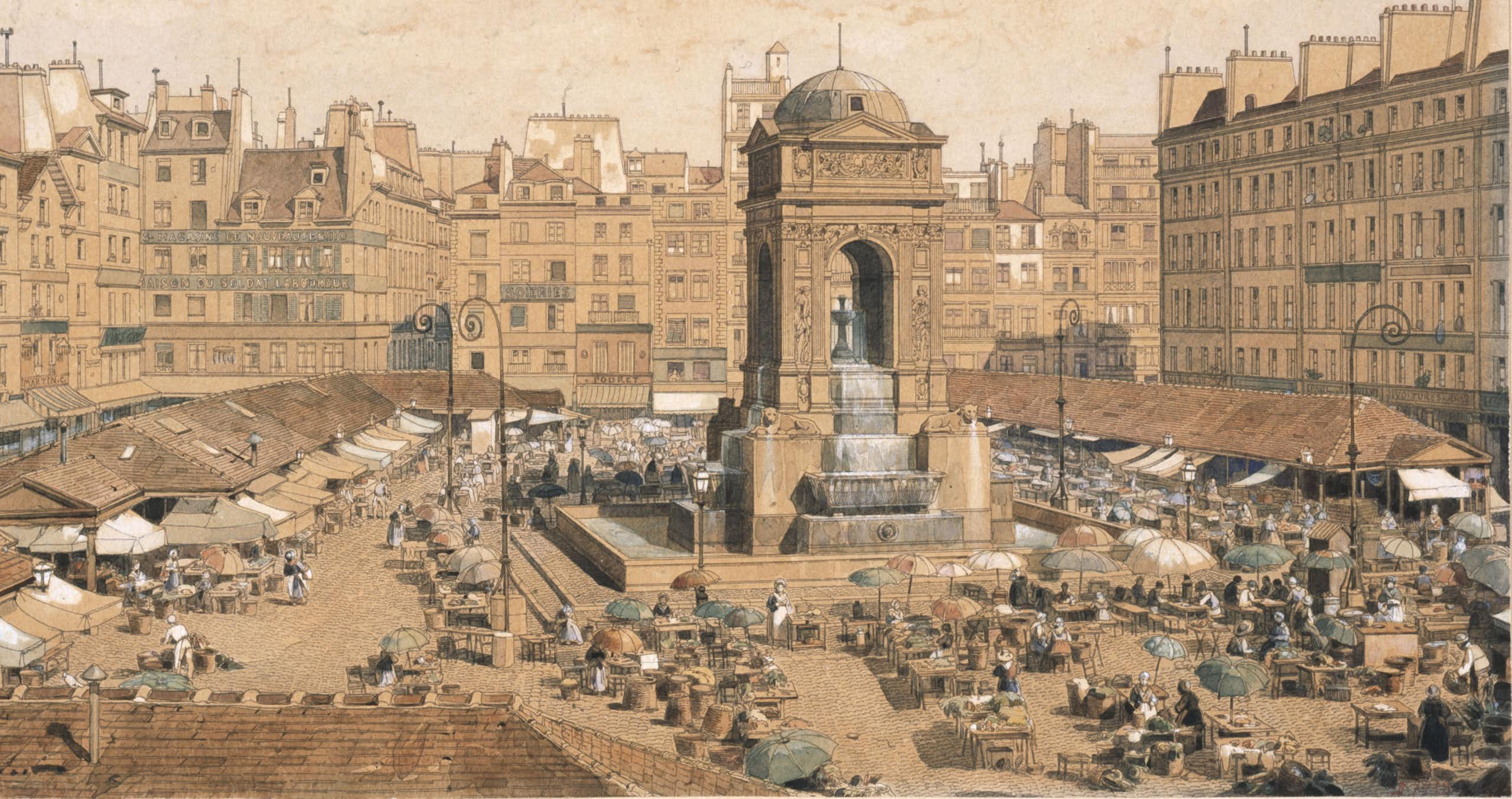 gravure représentant le marché de la Fontaine des innocents, à Paris, en 1855