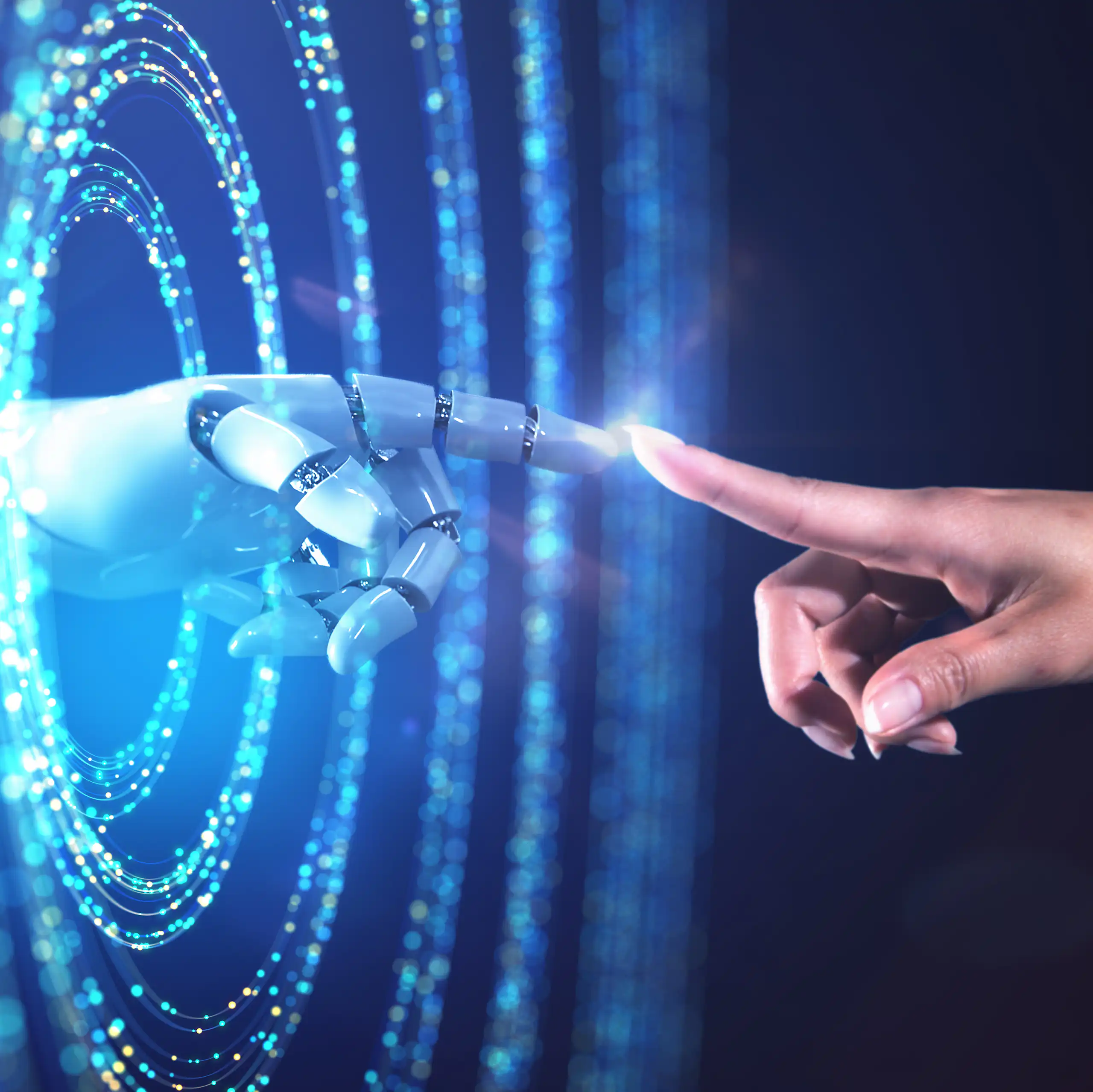Abstract image of a woman's hand accessing the digital world from the real world.