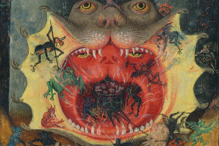 A painting of the mouth of hell as a cat's mouth with sharp teeth