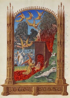 Painting of angels feeding souls through a purgatorial furnace
