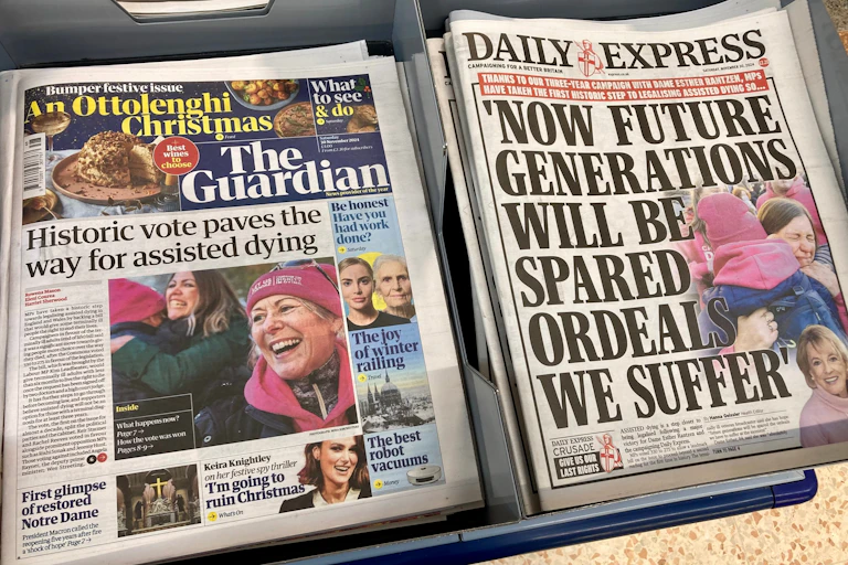 Front pages of The Guardian and Daily Express newspapers with headlines about assisted dying bill