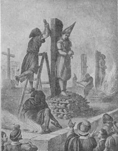 A black and white illustration of a woman about to be burned at the stake.