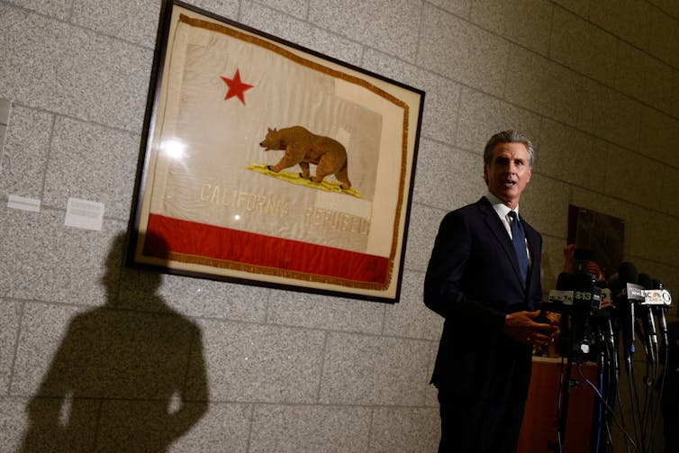 A man stands behind a lectern at a news conference. A framed poster hangs on the wall behind him that prominently features a brown bear.