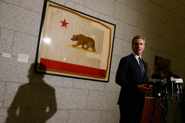 A man stands behind a lectern at a news conference. A framed poster hangs on the wall behind him that prominently features a brown bear.