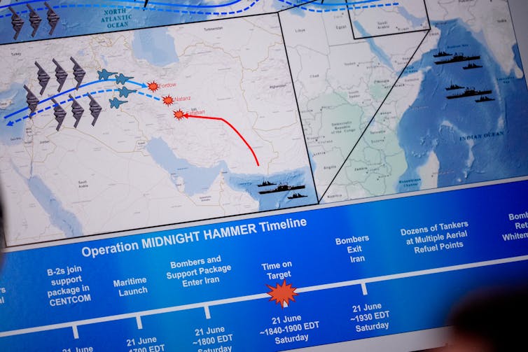 A map has images that look like aircraft traveling towards three target sites in red.